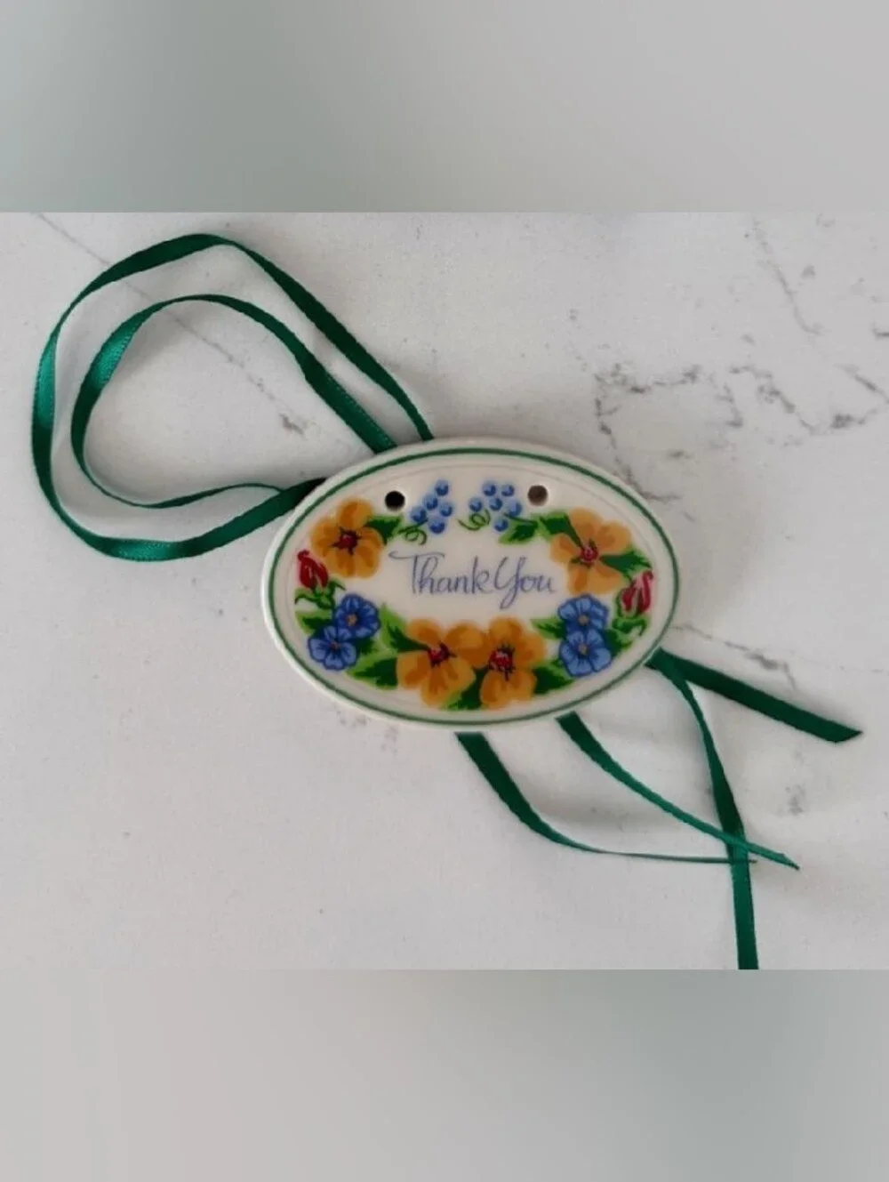 Longaberger Floral 'Thank You' Ceramic Pendant with Green Ribbon